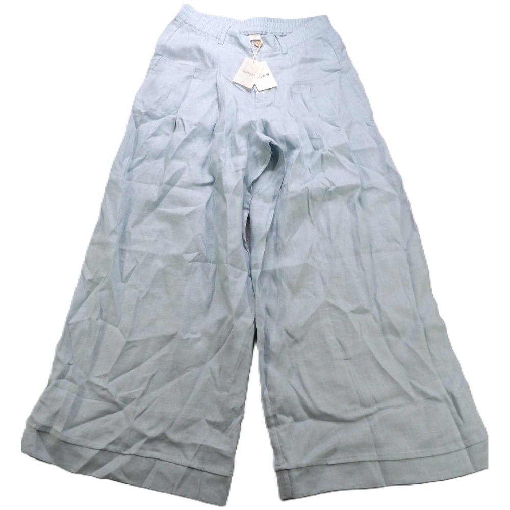 NWT LINTICO Women Wide Leg Pants Blue 100% Linen Pleated Casual Trousers L Beach